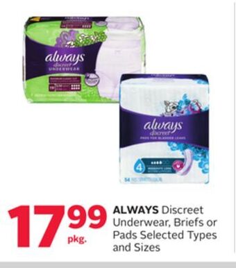Rexall Always discreet underwear, briefs or pads offer