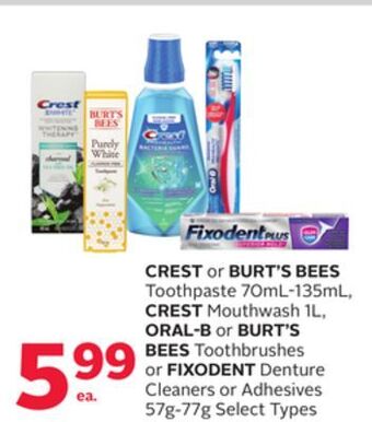 Rexall Crest or burt's bees toothpaste 70ml-135ml, crest mouthwash 1l, oral-b or burt's bees toothbrushes or fixodent denture cleane offer