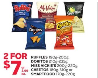 Rexall Ruffles 190g-200g, doritos 210g-235g, miss vickie's 200g-220g, cheetos 180g-310g or smartfood 170g-220g offer