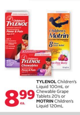 Rexall Tylenol children's liquid 100ml or chewable grape tablets 20' s or motrin children's liquid 120ml offer
