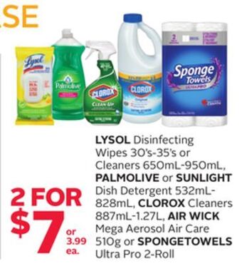 Rexall Lysol disinfecting wipes 30's-35's or cleaners 650ml-950ml, palmolive or sunlight dish detergent 532ml-828ml, clorox cleaners offer