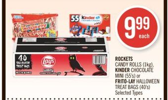 Shoppers Drug Mart Rockets candy rolls (1kg), kinder chocolate mini (55's) or frito-lay halloween treat bags (40's) offer
