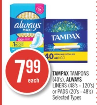 Shoppers Drug Mart Tampax tampons (40's), always liners (48's - 120's) or pads (20's - 48's) offer