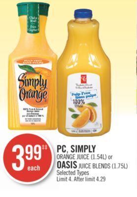 Shoppers Drug Mart Pc, simply orange juice (1.54l) or oasis juice blends (1.75l) offer