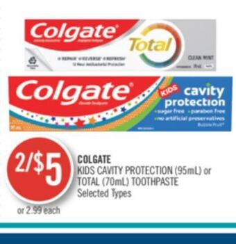 Shoppers Drug Mart Colgate kids cavity protection (95ml) or total (70ml) toothpaste offer