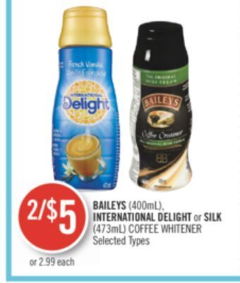 Shoppers Drug Mart Baileys (400ml), international delight or silk (473ml) coffee whitener offer
