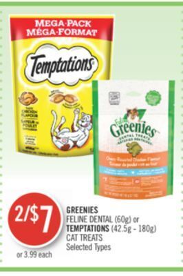 Shoppers Drug Mart Greenies feline dental (60g) or temptations (42.5g - 180g) cat treats offer