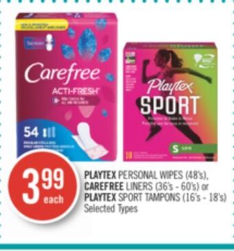 Shoppers Drug Mart Playtex personal wipes (48's), carefree liners (36's - 60's) or playtex sport tampons (16's - 18's) offer