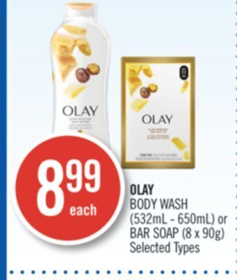 Shoppers Drug Mart Olay body wash (532ml - 650ml) or bar soap (8 x 90g) offer