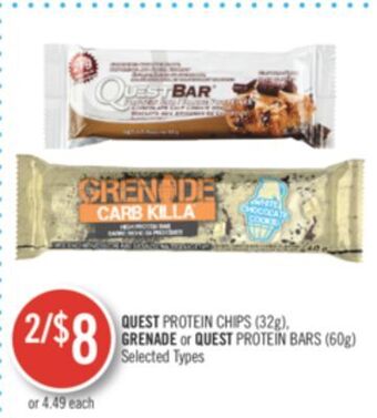 Shoppers Drug Mart Quest protein chips (32 g), grenade or quest protein bars (60g) offer