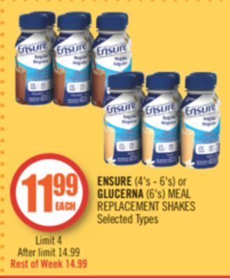 Shoppers Drug Mart Ensure (4's - 6's) or glucerna (6's) meal replacement shakes offer