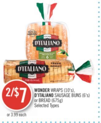 Shoppers Drug Mart Wonder wraps (10's), d'italiano sausage buns (6's) or bread (675g) offer