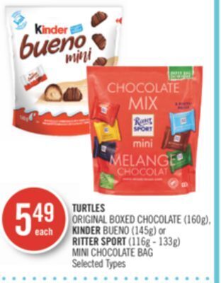 Shoppers Drug Mart Turtles original boxed chocolate (160g), kinder bueno (145g) or ritter sport (116g - 133g) mini chocolate bag offer