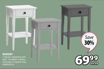 JYSK Nordby 1-drawer nightstand with shelf offer