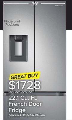 Leon's Samsung stainless steel french door refrigerator with external water dispenser (22.1 cu.ft.) - rf22a4221sr/aa offer