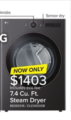 Leon's Lg black steel 7.4 cu. ft. ultra large capacity smart front load dryer with built-in intelligence & turbosteam - dlex6500b offer