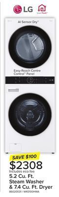 Leon's Lg white front load lg washtower with centre control 5.2 cu.ft. steam washer and 7.4 cu. ft. electric dryer - wke100hwa offer