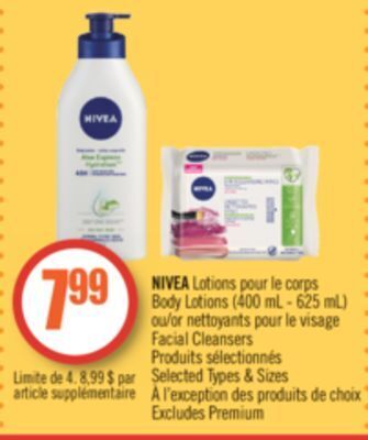 Pharmaprix Nivea body lotions (400 ml-625 ml) or facial cleansers offer