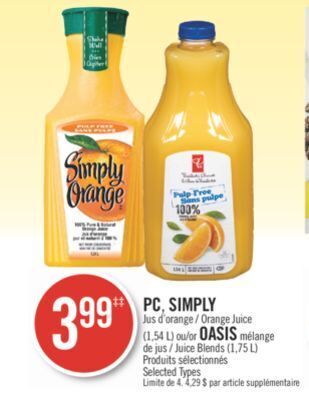 Pharmaprix Pc, simply / orange juice (1,54 l) or oasis juice blends (1,75 l) offer