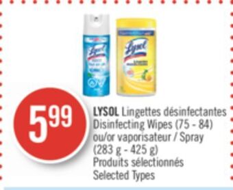 Shoppers Drug Mart Lysol disinfecting wipes (75 - 84) or spray (283 g - 425 g) offer
