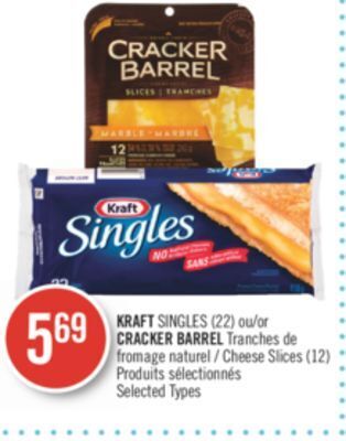 Shoppers Drug Mart Kraft singles (22) or cracker barrel cheese slices (12) offer