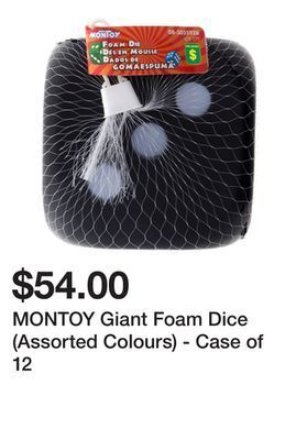 Dollarama Montoy giant foam dice (assorted colours) - case of 12 offer