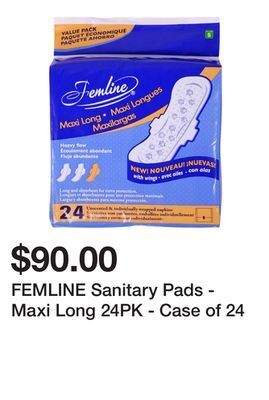 Dollarama Femline sanitary pads - maxi long 24pk - case of 24 offer