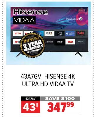 2001 Audio Video Hisense 43|| 4k ultra hd vidaa tv offer
