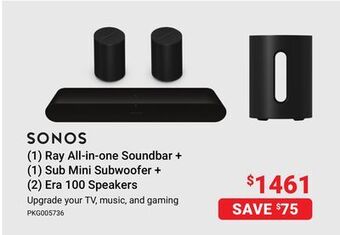 Visions Electronics Sonos (1) ray all-in-one soundbar + (1) sub mini subwoofer + (2) era 100 speakers offer