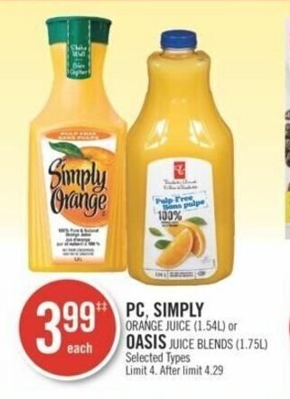 Shoppers Drug Mart PC, SIMPLY ORANGE JUICE 1.54L or OASIS JUICE BLENDS 1.75L offer