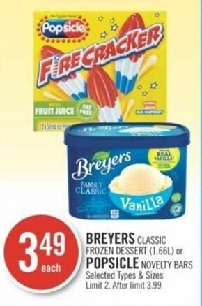 Shoppers Drug Mart BREYERS CLASSIC FROZEN DESSERT 1.66L or POPSICLE NOVELTY BARS offer