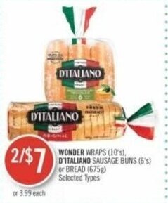 Shoppers Drug Mart WONDER WRAPS 10's, D'ITALIANO SAUSAGE BUNS 6's or BREAD 675g offer