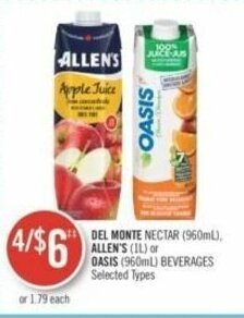 Shoppers Drug Mart DEL MONTE NECTAR 960mL, ALLEN'S 1L or OASIS 960mL BEVERAGES offer