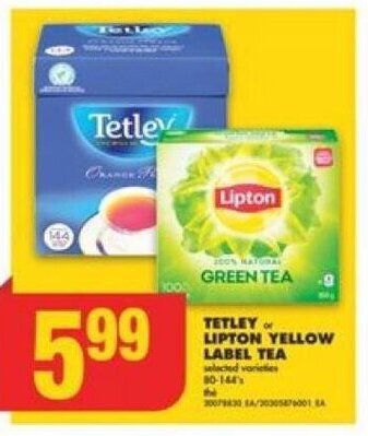 No Frills TETLEY or LIPTON YELLOW LABEL TEA 80-144's offer