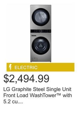 Costco Lg graphite steel single unit front load washtower with 5.2 cu. ft. steam washer and 7.4 cu. ft. electric steam dryer offer