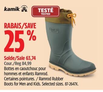 Canadian Tire Kamik ramrod rubber boots for men and kids offer