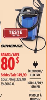 Canadian Tire Simoniz 1650 psi 1.8 gpm corded cold water wheeled brushed electric pressure washer w/foam blaster offer