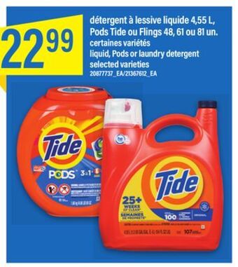 Maxi Détergent à lessive liquide 4,55 l, pods tide ou flings 48, 61 ou 81 un offer