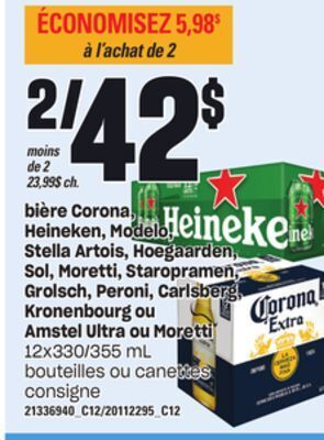 Provigo Bière corona, heineken, modelo, stella artois, hoegaarden, sol, moretti, staropramen, grolsch, peroni, carlsberg, kronenbourg offer