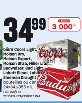 Provigo Bière coors light, molson dry, molson export, molson ultra, miller lite, budweiser, bud light, labatt bleue, labatt 50, sleem offer