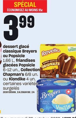 Provigo Dessert glacé classique breyers ou popsicle, 1,66 l, friandises glacées popsicle, 6-12 un., collection chapman's, 6/8 un. ou offer