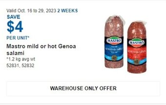 Costco Mastro mild or hot Genoa salami offer