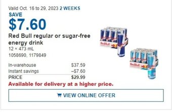 Costco Red Bull regular or sugar-free energy drink 12x473ml offer