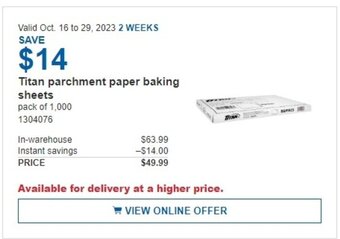 Costco Titan parchment paper baking sheets offer