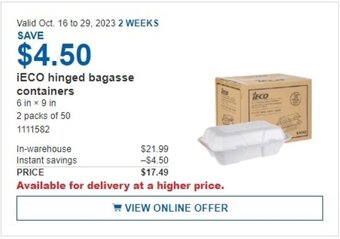 Costco iECO hinged bagasse containers offer
