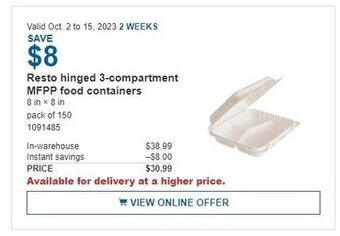 Costco Resto hinged 3-compartment MFPP food containers offer