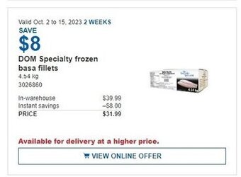Costco DOM Specialty frozen basa fillets offer