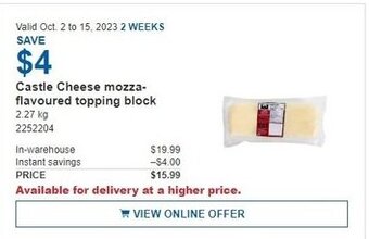 Costco Castle Cheese mozza-flavoured topping block offer