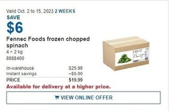 Costco Fennec Foods frozen chopped spinach offer