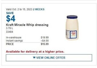 Costco Kraft Miracle Whip dressing 3.78L offer